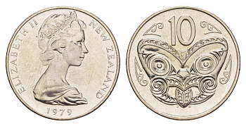 Новая Зеландия 10 центов 1979 Елизавета II (1952-2022), маска маори, тираж 25.000 экземпляров KM 41 медно-никель BU 4652-643