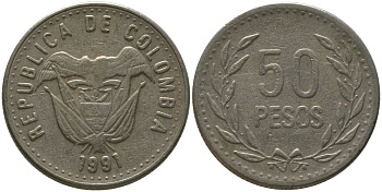 Колумбия 50 песо 1991 KM 283.1 никель латунь 4538-921