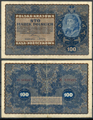 Польша 100 марок 1919 23 августа 1919, третий выпуск, Тадеуш Костюшко, IC серия L Pick 27 (2), M27c бумага 8607-60-1-2