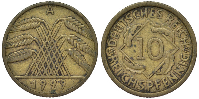 Германия 10 рейхспфеннигов 1929 A KM 40, J. 317 алюминиевая бронза 4121-921