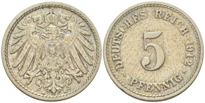 ГЕРМАНИЯ 5 ПФЕННИГОВ 1912 A KM 11, J. 12, Weege 6 медно-никель 206-1013