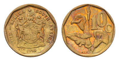 ЮАР 10 центов 1994 KM 135 сталь плакированная латунью UNC 4643-265