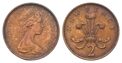 Великобритания 2 новых пенса 1971 Елизавета II (1952-2022) KM 916, Spink 4235 (C1) бронза 92-845