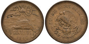 МЕКСИКА 20 СЕНТАВО 1946 ПИРАМИДА СОЛНЦА В ТЕОТИУАКАНЕ KM 439 бронза VF 215-832