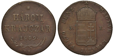 Венгрия 3 крейцера 1849 война за независимость (1848-1849) KM 434 медь 441-834