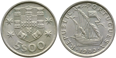 ПОРТУГАЛИЯ 5 ЭСКУДО 1983 ПАРУСНИК KM 591 медно-никель 4388-522