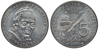 Франция 5 франков 1994 300 лет со дня рождения Вольтера KM 1063, Le Franc 344.2 медно-никель плакированный никелем 4123-245