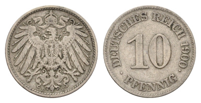 Германия 10 пфеннигов 1900 E, Вильгельм II (1888-1918) KM 12, J. 13 медно-никель 4636-813