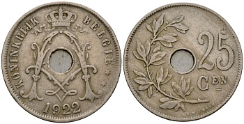 Бельгия 25 сантимов 1922 Belgie KM 69 медно-никель 33-1137