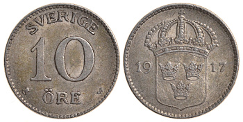 Швеция 10 эре 1917 W, Густав V (1907-1950) KM 780 серебро 4179-556