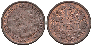 НИДЕРЛАНДЫ 1/2 ЦЕНТА 1940 ВИЛЬГЕЛЬМИНА (1890-1948) KM 138 бронза 39-242