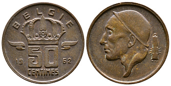 БЕЛЬГИЯ 50 САНТИМОВ 1962 BELGIE КМ 149.1 бронза 176-717