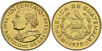 Гватемала 1 сентаво 1970 Бартоломео де лас Касас KM 265 латунь 4588-748