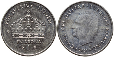 Швеция 1 крона 2001 Карл XVI Густав (1973- ) KM 894 медно-никель 4364-546