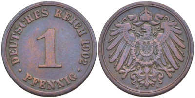 ГЕРМАНИЯ 1 ПФЕННИГ 1902 A KM 10, Jager. 10, Weege 2 медь 4528-1212