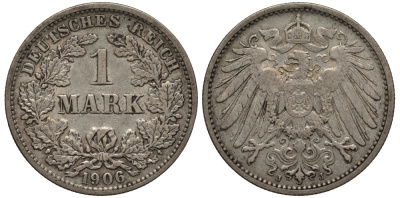 Германия 1 марка 1906 J Weege 18, J. 17, KM 14 серебро VF 413-1233