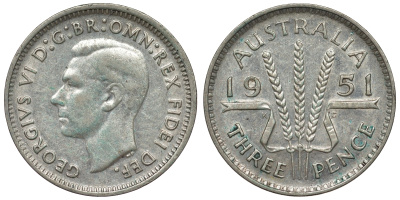 Австралия 3 пенса 1951 m, Георг VI (1937-1952), без букв KM 44 серебро 71-264