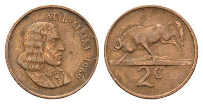 ЮАР 2 цента 1969 Ян ван Рибек (1619-1677), Suid Africa, легенда на африкаанс, антилопа гну KM 66.2 бронза 4122-451