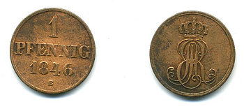 Ганновер 1 пфенниг 1846 B, Эрнст Август (1837-1851) KM 201.1, AKS 129, J. 74 медь 35-828