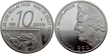 Нидерланды 10 гульденов 1995 300 лет со дня смерти Хьюго Грута, королева Беатрикс KM 220 серебро 1524-931