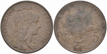 ФРАНЦИЯ 5 САНТИМОВ 1913 ТИП ДАНИЭЛЬ ДЮПЮИ KM 842, LE FRANC 119.25 бронза 108-946