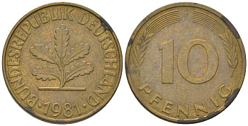 ФРГ 10 пфеннигов 1981 F KM 108, J. 383 сталь плакированная латунью 3459-525