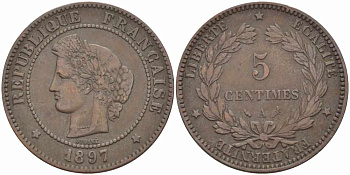 ФРАНЦИЯ 5 САНТИМОВ 1897 A, ТРЕТЬЯ РЕСПУБЛИКА (1871-1940) KM 821.1, LE FRANC 118.41 бронза 108-754
