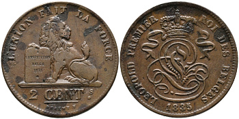 БЕЛЬГИЯ 2 САНТИМА 1835 BELGES KM 4.1 медь 95-655