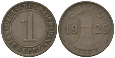 Германия 1 рейхспфенниг 1925 J KM 37, J. 313 бронза 3458-1129