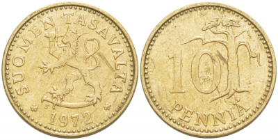ФИНЛЯНДИЯ 10 ПЕННИ 1972 S KM 46 алюминиевая бронза 3718-126