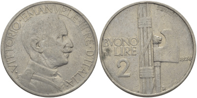 Италия 2 лиры 1924 R, Виктор Эммануил III (1900-1948) KM 63 никель 97-1024