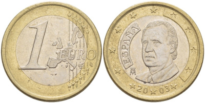ИСПАНИЯ 1 ЕВРО 2003 ХУАН КАРЛОС I KM 1046 биметалл 4543-256