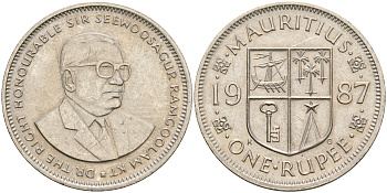 Маврикий 1 рупия 1987 Сивусагур Рамгулам KM 55 медно-никель 4364-3211