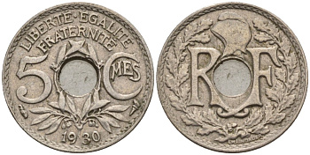 Франция 5 сантимов 1930 KM 875 медно-никель 4596-614