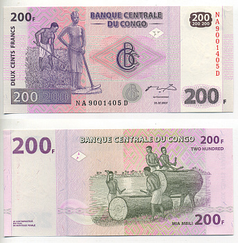 КОНГО 200 ФРАНКОВ 2007 Pick 95 бумага UNC (ПРЕСС) 6283-36-1-1
