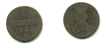Ганновер 1 пфенниг 1844 A, Эрнст Август (1837-1851) KM 173.1, AKS 126, J. 54 медь 35-723