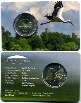 Латвия 2 евро 2015 вымирающие виды - черный аист, запайка, буклет KM 171 биметалл BUNC 00-000-00