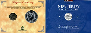 Австралия 1 доллар 1999 (серебро) с памятной маркировкой и США 25 центов 1999 штат Нью-Джерси в красочном буклете 4-5-1-1