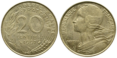 Франция 20 сантимов 1997 тип Марианна KM 930 медь алюминий никель 3461-254