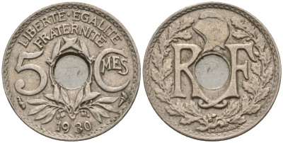 Франция 5 сантимов 1930 KM 875 медно-никель 4596-614