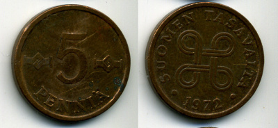 ФИНЛЯНДИЯ 5 ПЕННИ 1972 KM 45 медь 61-1216