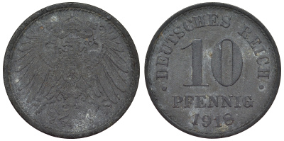 Германия 10 пфеннигов 1918 KM 26, J. 299, Weege 8 цинк 4119-337