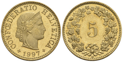 Швейцария 5 раппенов 1997 B HMZ 2.1212, KM 26c, Schoen 24c алюминиевая бронза UNC 4516-255
