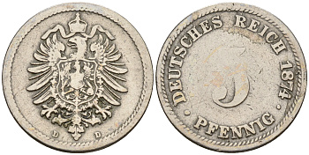 Германия 5 пфеннигов 1874 D, старогербовка KM 3, J. 3 медно-никель    4152-1245