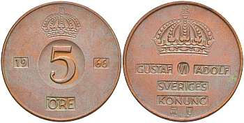 Швеция 5 эре 1966 Густав VI Адольф (1950-1973) KM 822 бронза 4111-136
