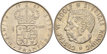 Швеция 1 крона 1967 U, Густав VI Адольф (1950-1973) KM 826 серебро 4150-231