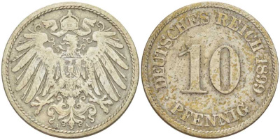 ГЕРМАНИЯ 10 ПФЕННИГОВ 1899 A KM 12, J. 13, Weege 8 медно-никель 261-1334