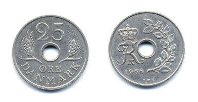 ДАНИЯ 25 ЭРЕ 1966 С; S, ФРЕДЕРИК IX (1947-1972) KM 855.1 медно-никель 51-4432