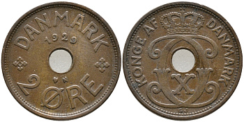 ДАНИЯ 2 ЭРЕ 1929 N; GJ, КРИСТИАН X (1912-1947) KM 827.2 бронза 28-1026