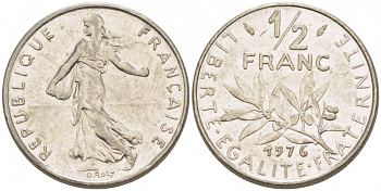 ФРАНЦИЯ 1/2 ФРАНКА 1976 СЕЯТЕЛЬ KM 931.1, LE FRANC 198.15 никель 3955-641